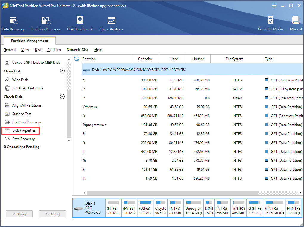 select a disk to view its properties