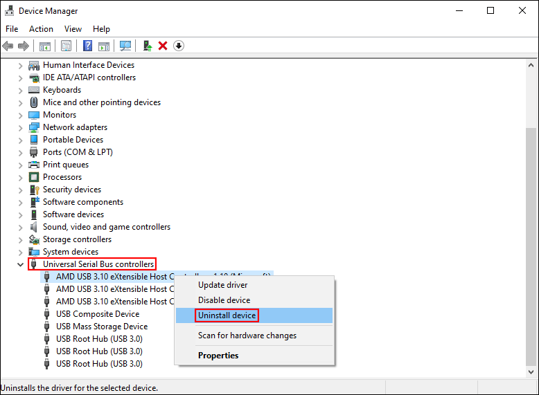 uninstall USB controller