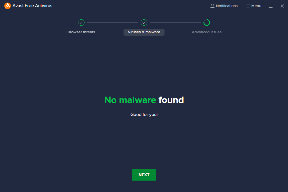 no malware found during Avast scan