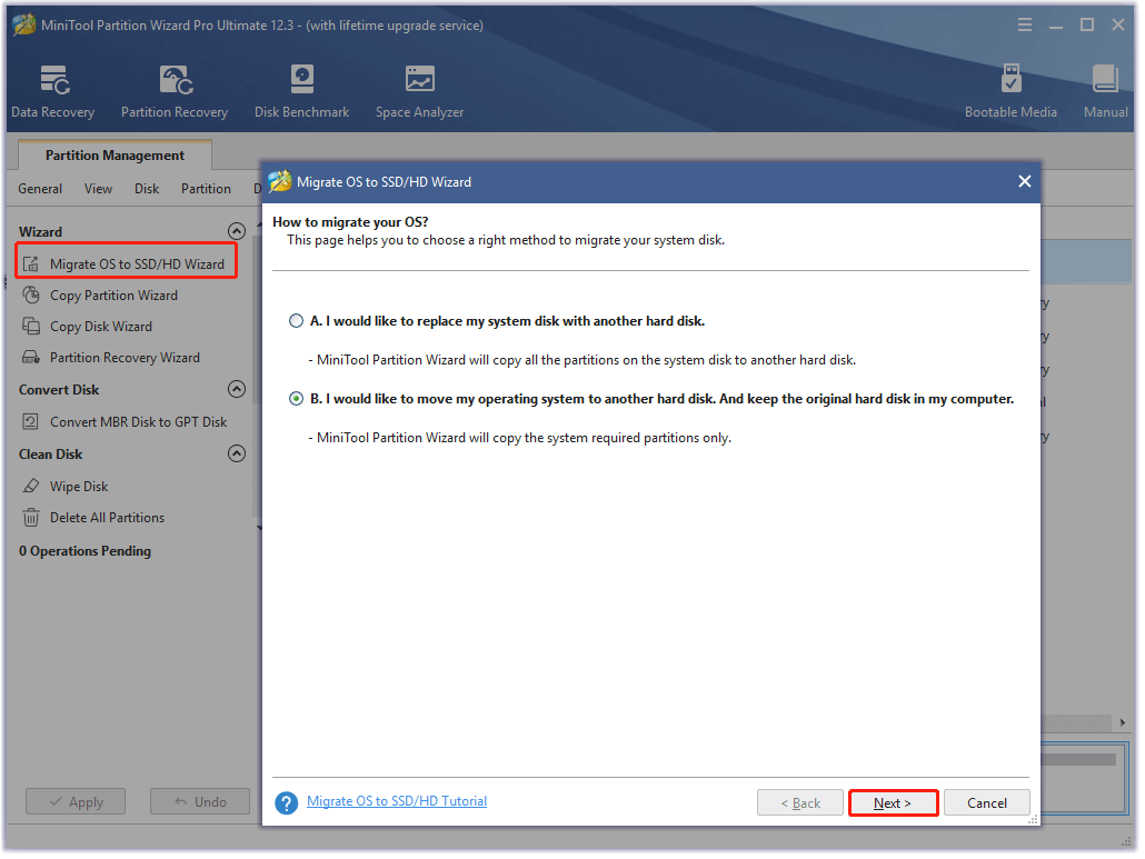 select Migrate OS to SSD in MiniTool