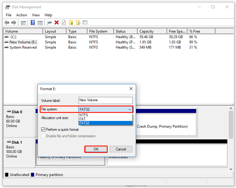 format DVR hard drive to FAT32 using Disk Management