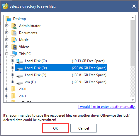 save the recovered data on MiniTool Partition Wizard