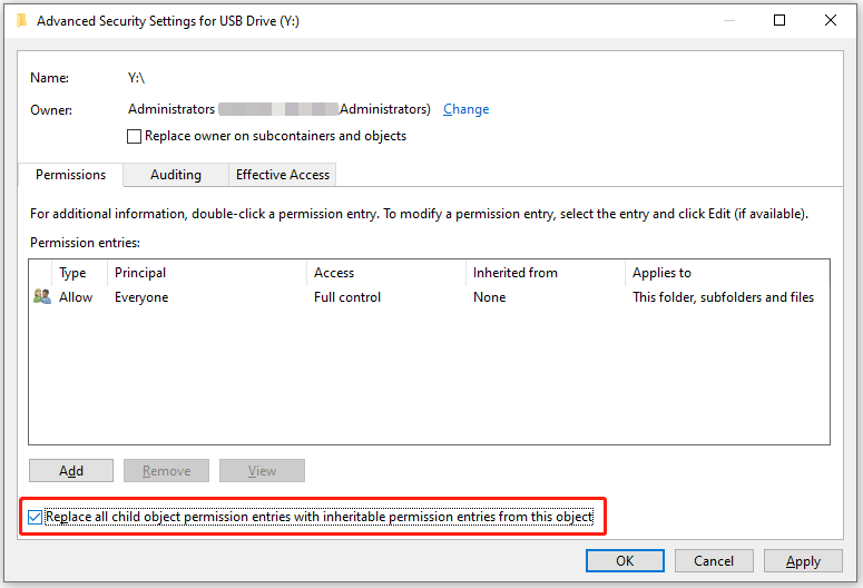 Advanced Security Settings for USB drive