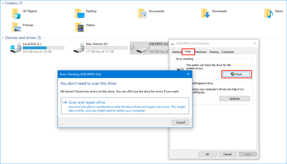 error checking USB drive