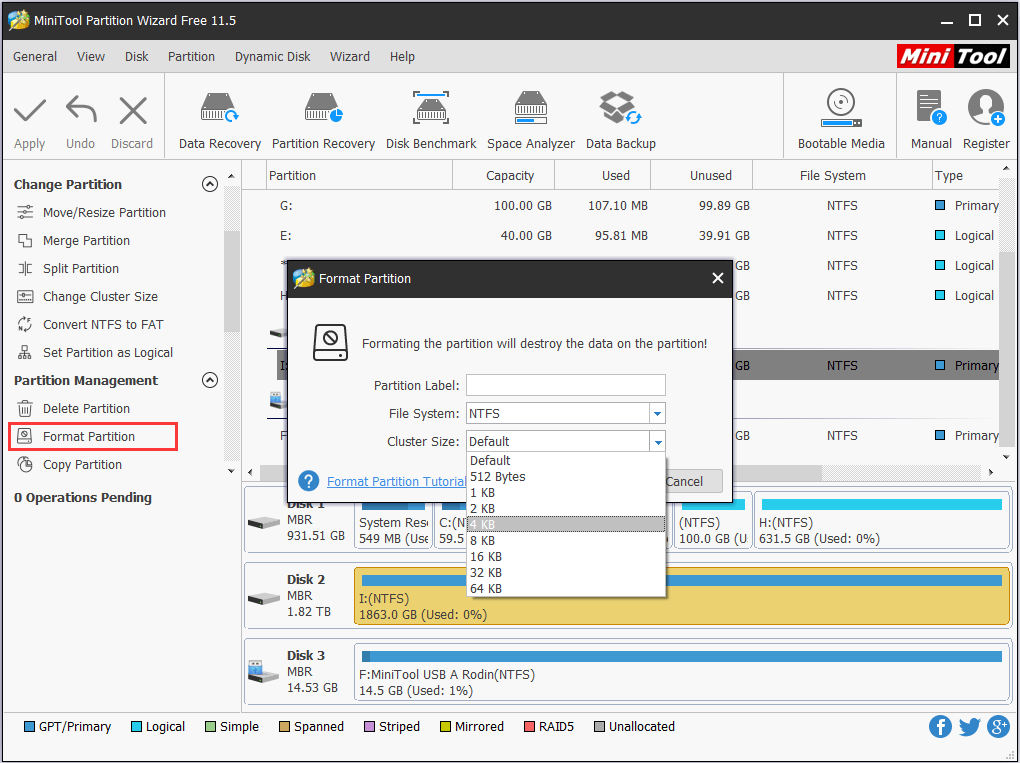 formater la partition pour changer la taille du cluster