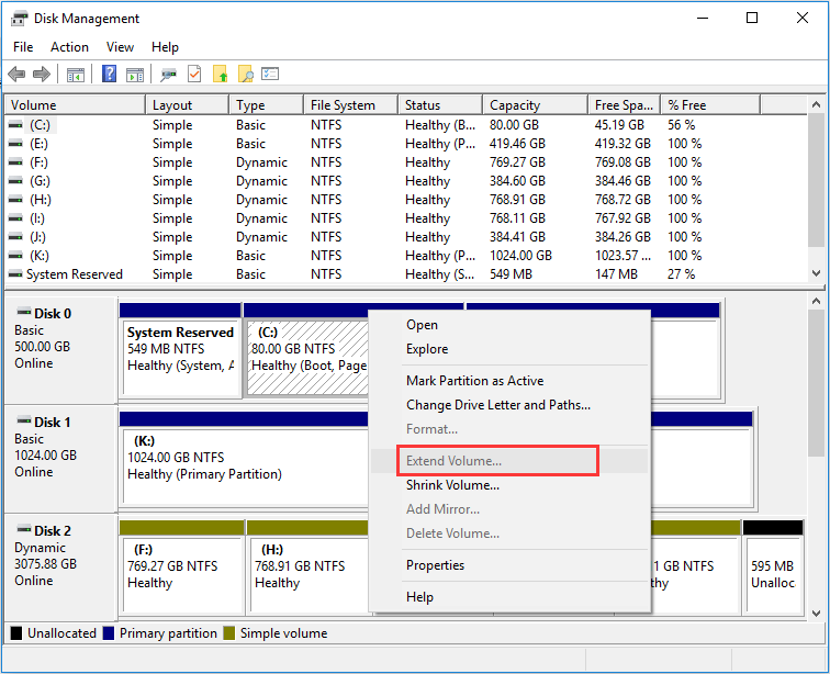 étendre un volume est grisé sous Windows 10