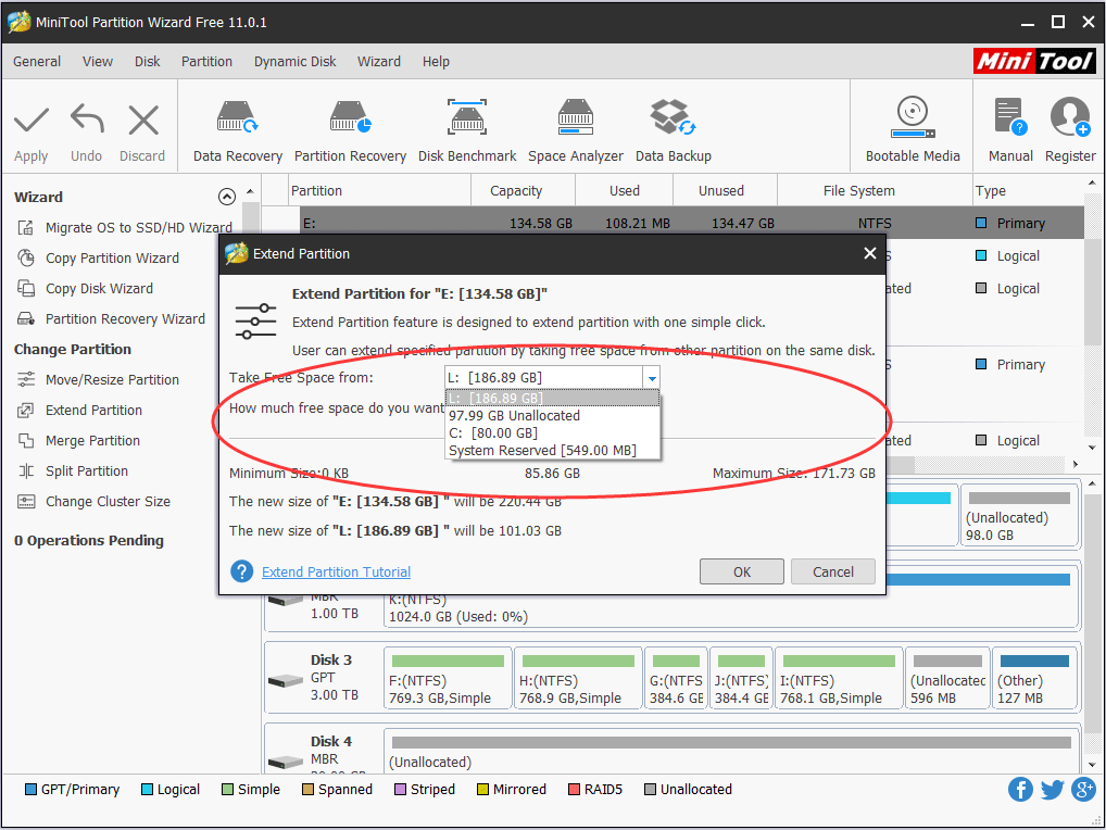 choisissez une partition pour prendre de l'espace libre