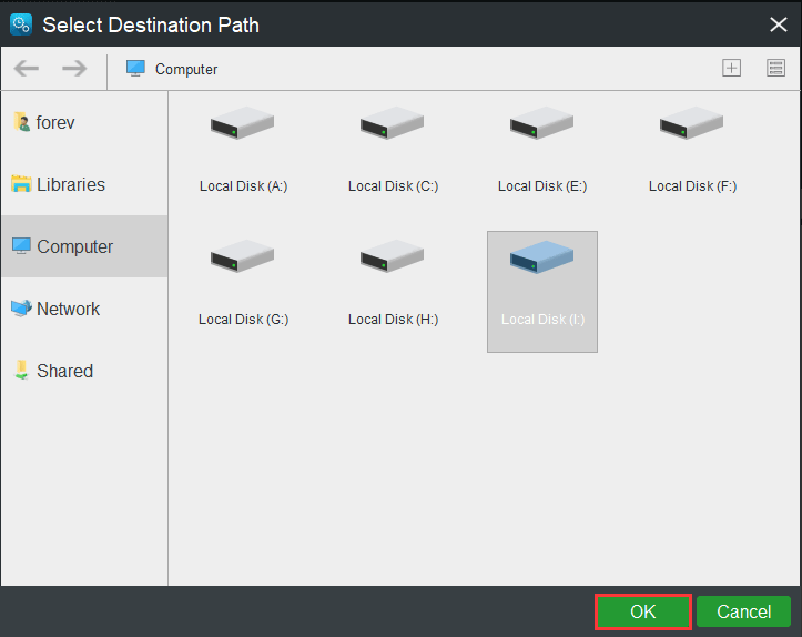 choose a target disk and click OK