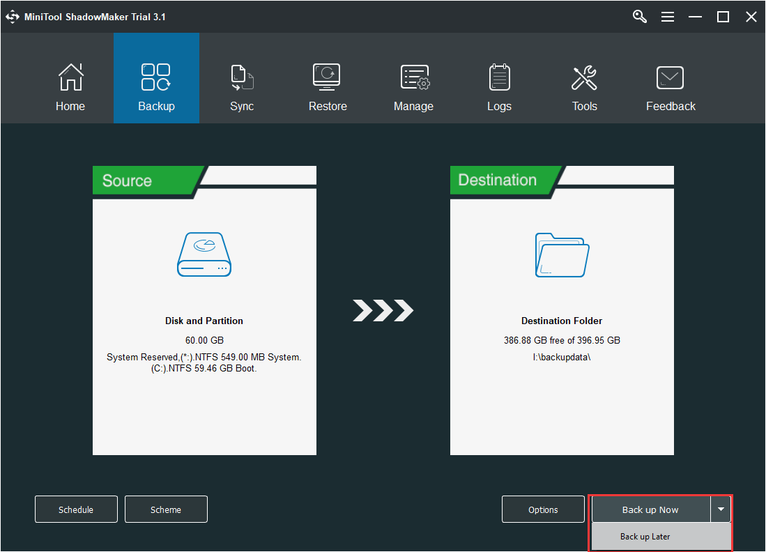 clique em Fazer backup agora para iniciar o processo de backup