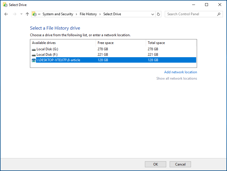 add network location for File History backup