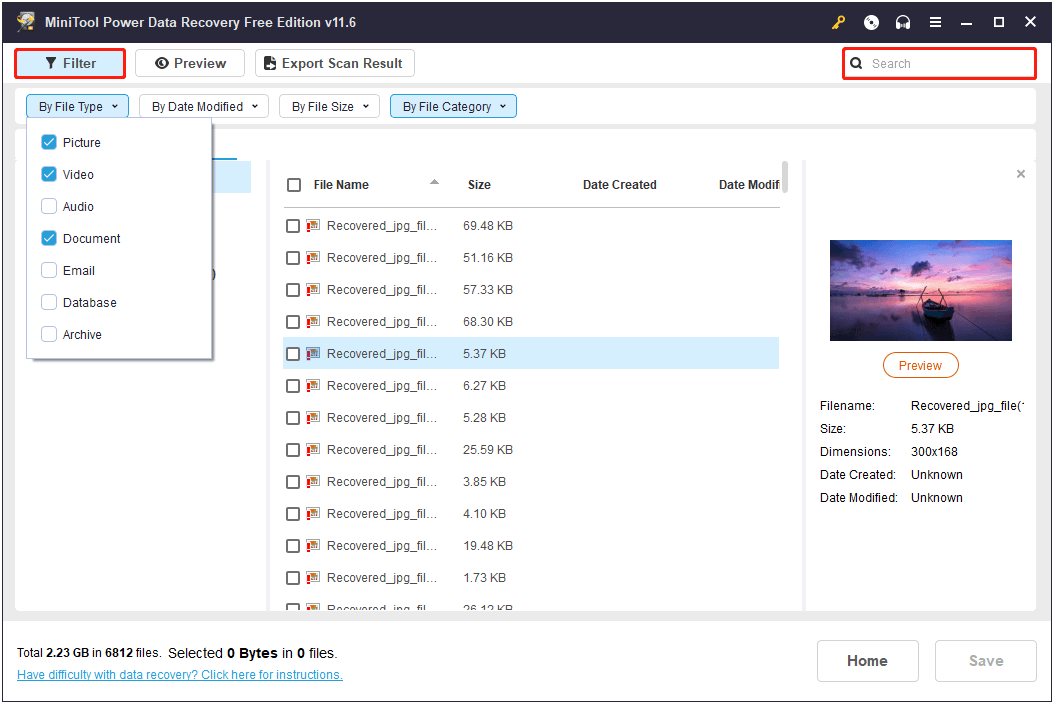 filter and search for a file