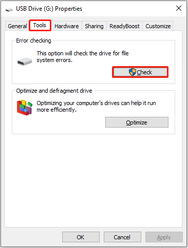 check the USB drive for file system errors