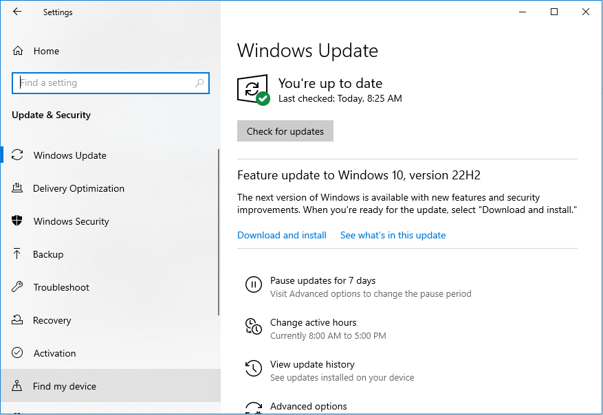 check for updates on Windows 10