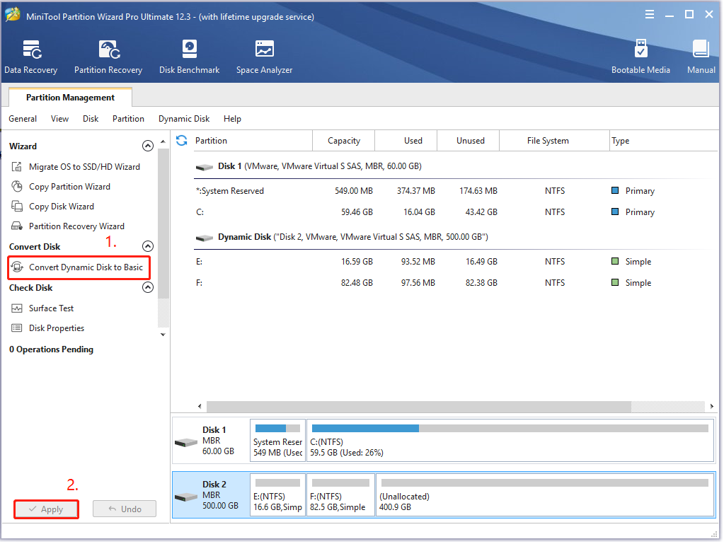 convert to basic disk using MiniTool Partition Wizard