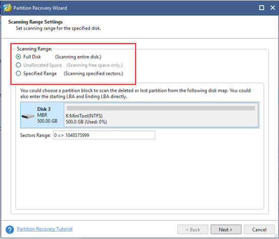 select a scanning range on MiniTool Partition Wizard