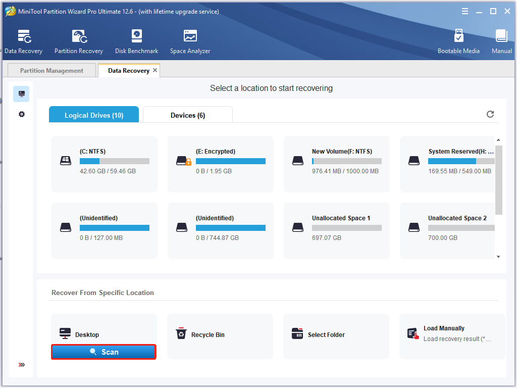 select Desktop to scan in MiniTool Partition Wizard