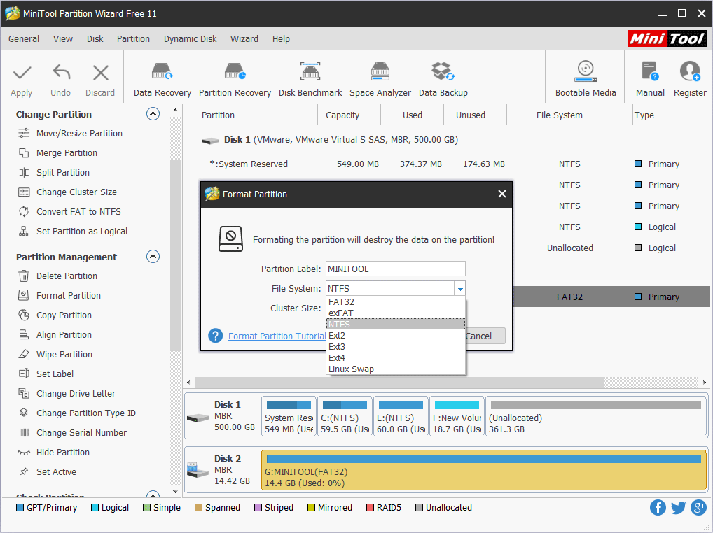 establecer tabla de particiones, sistema de archivos, tamaño de clúster para la unidad flash USB