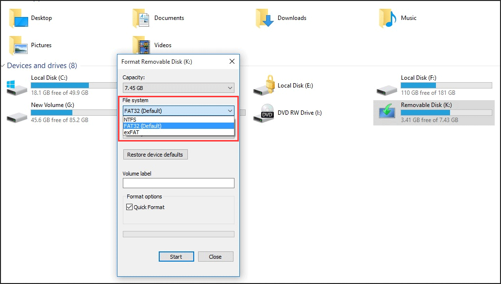 options de système de fichiers formatés par défaut dans Windows
