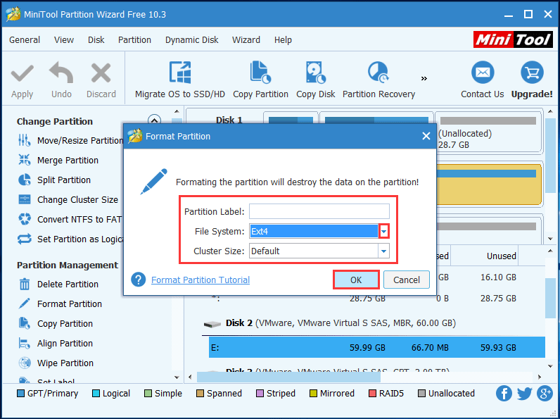 choisissez le système de fichiers Ext4 pour formater avec