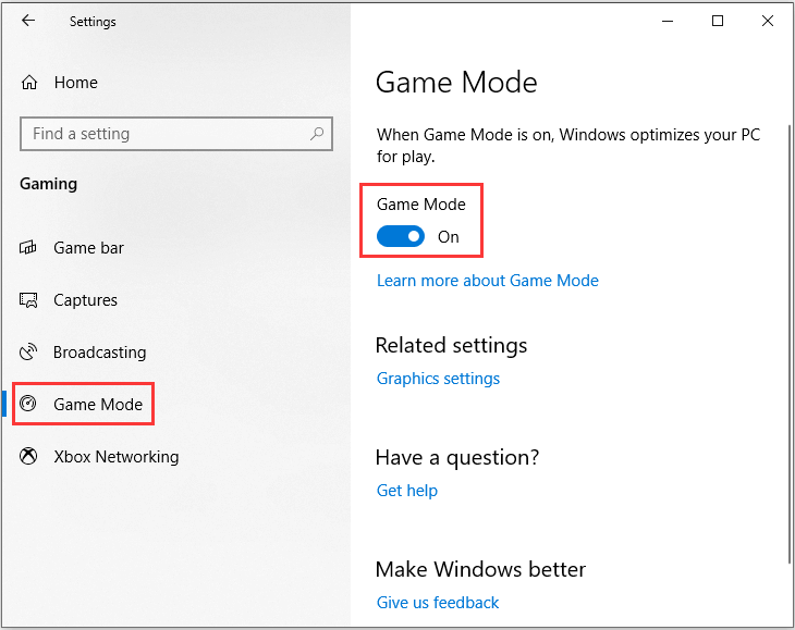 turn on Windows 10 Game Mode