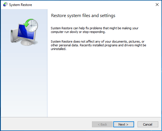 system restore in Windows 10