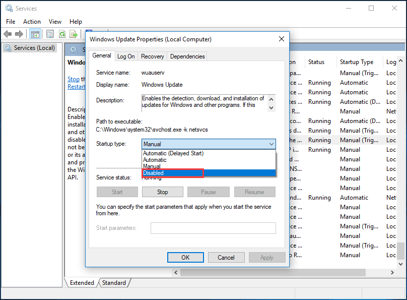 disable Windows Update service