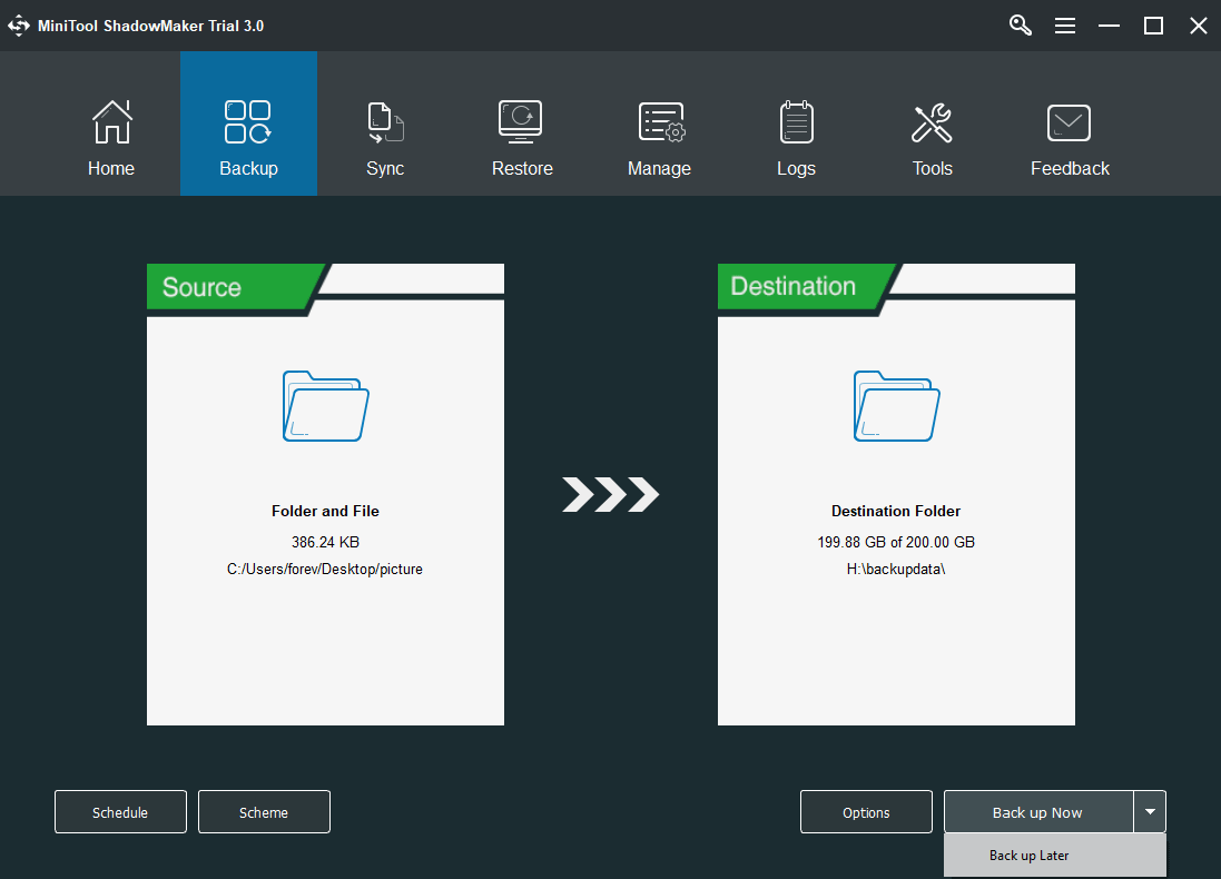 Haga clic en Realizar copia de seguridad ahora para realizar la copia de seguridad de los datos inmediatamente.