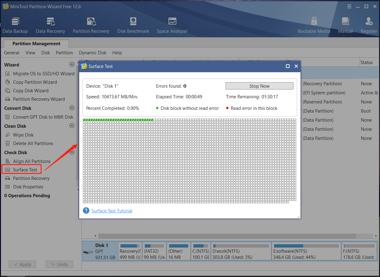 MiniTool Partition Wizard test disk