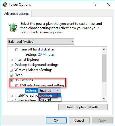 Configuração de suspensão seletiva de USB