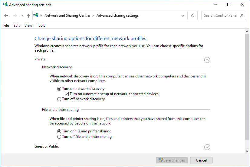 turn on file sharing and network discovery