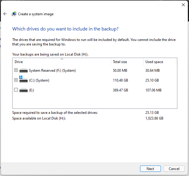 choose partitions to back up