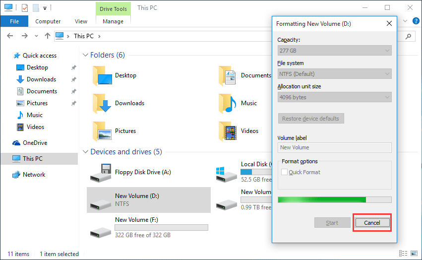 cancel format in File Explorer