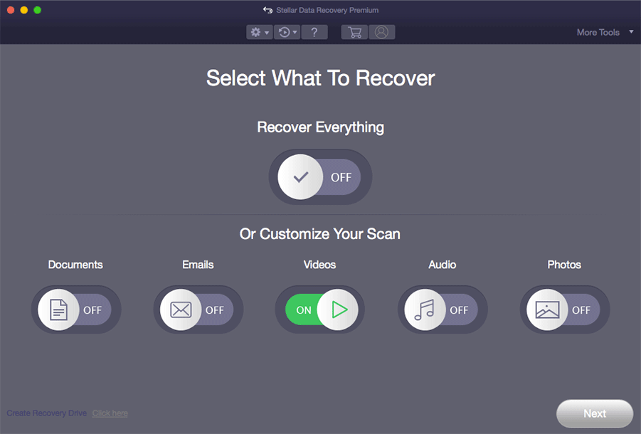 select the data types you want to recover