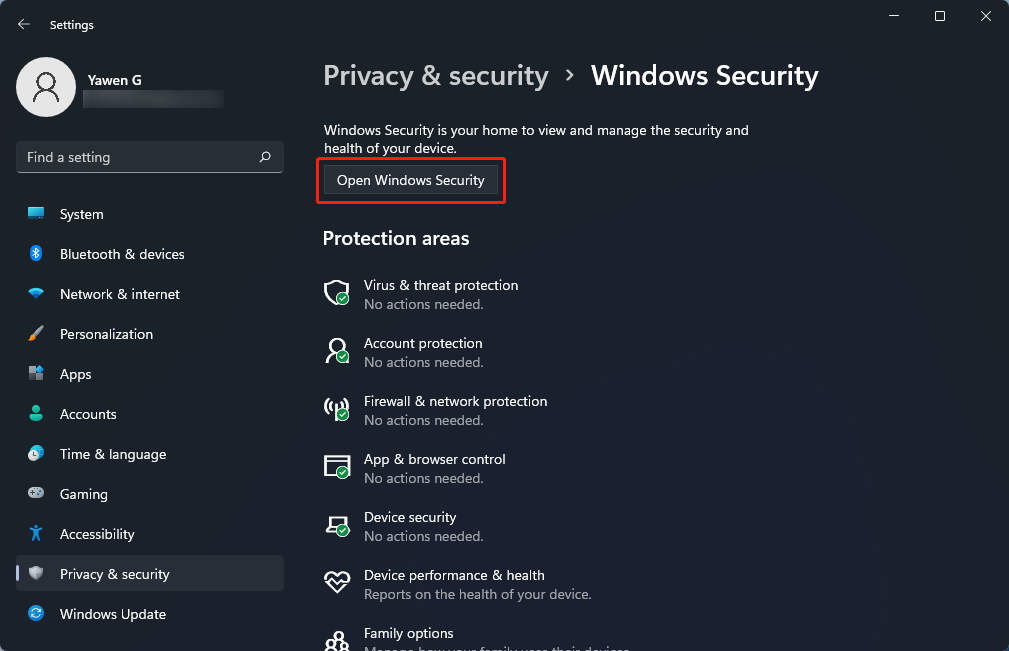 click Open Windows Security