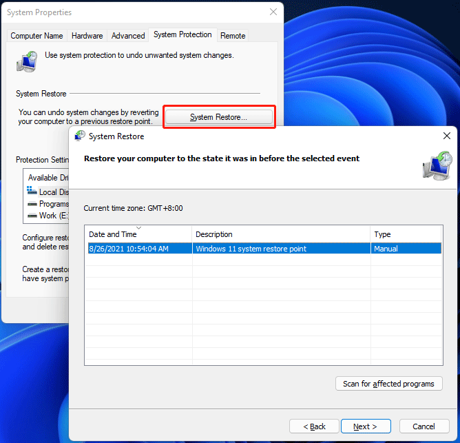 select the target system restore point to restore