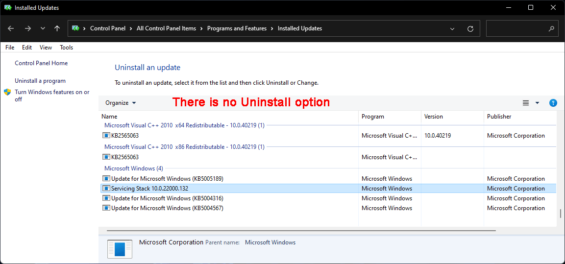 can’t uninstall Servicing Stack