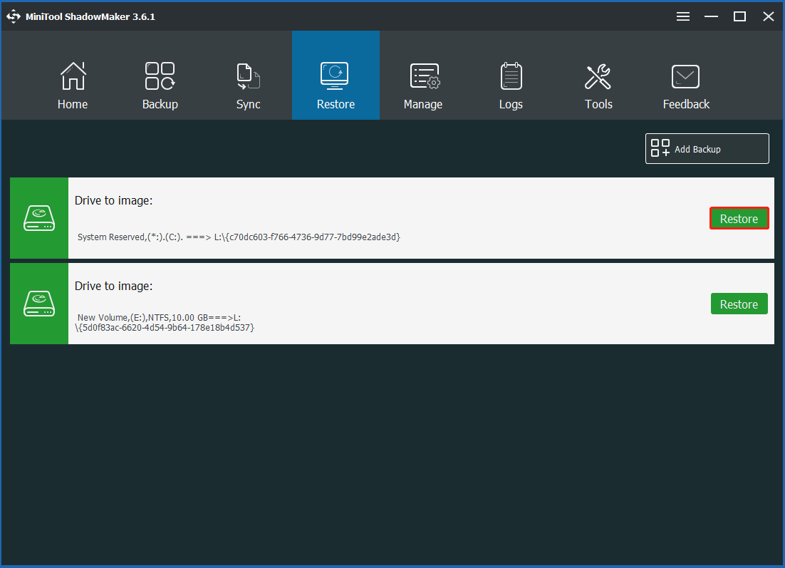 find the disk image that you need to restore