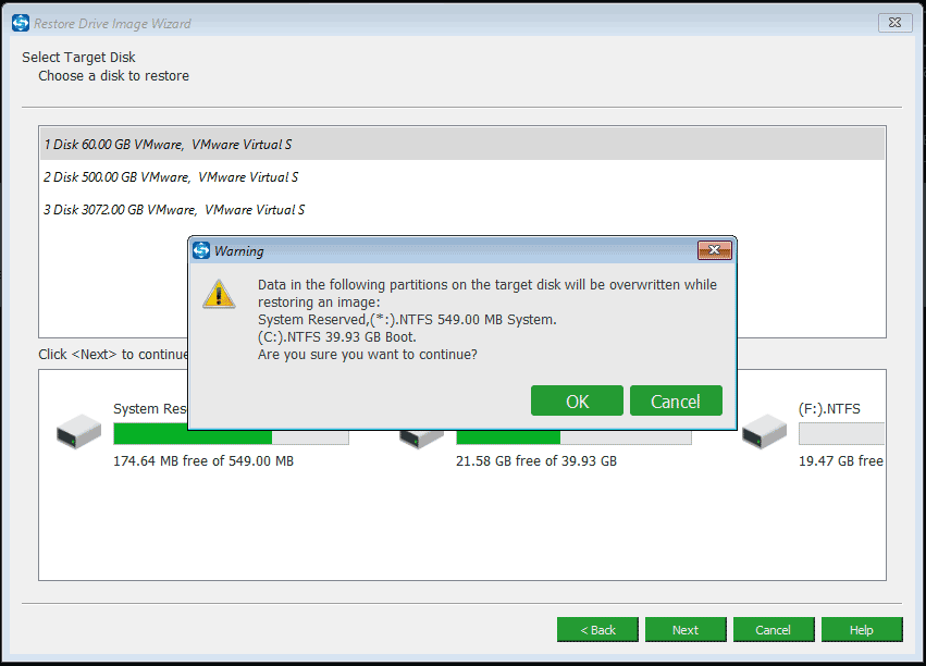 select target disk for system image recovery
