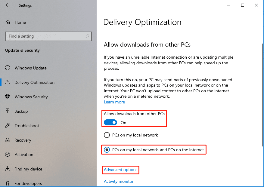 set allow downloads from other PCs on Windows 10