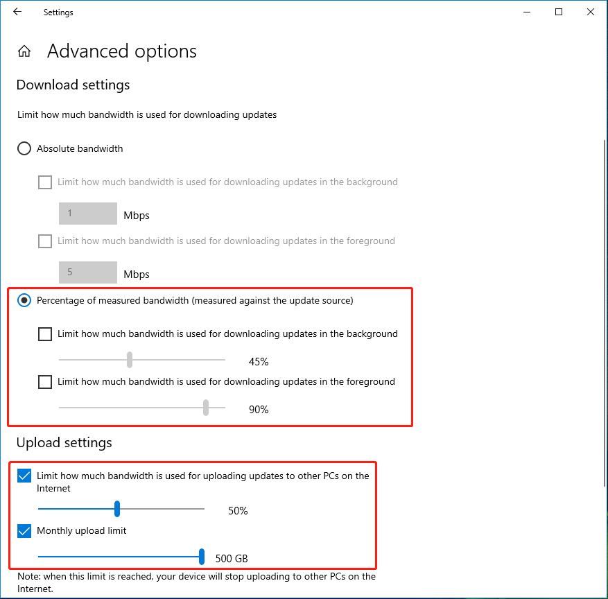 change upload settings on Windows 10