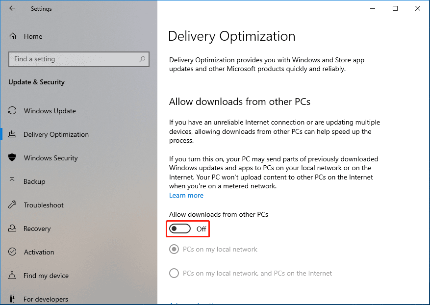 turn on the button for Allow downloads from other PCs