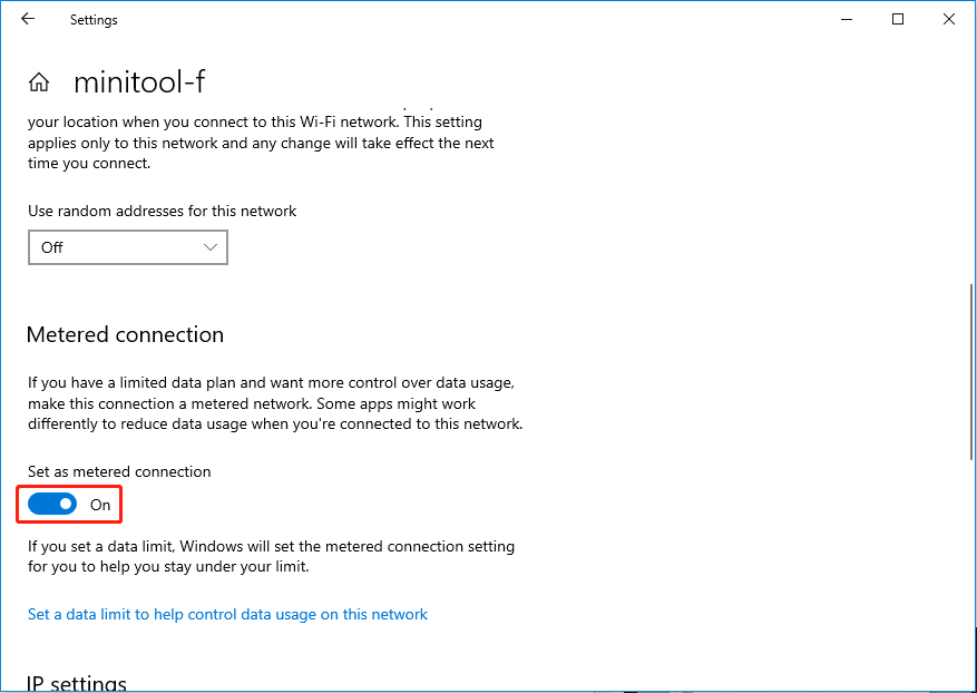 turn on Metered connection on Windows 10