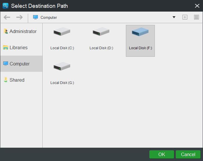 select a destination path to store the backup