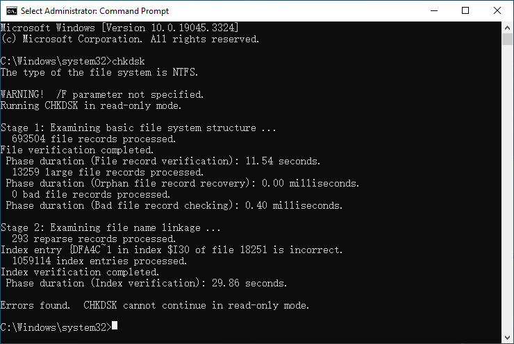 only run chkdsk in Command Prompt