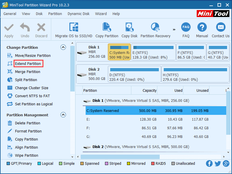 étendre la partition système