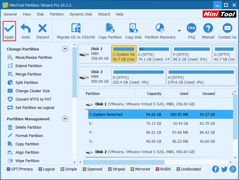 cliquez sur le bouton Appliquer pour terminer l'extension du système