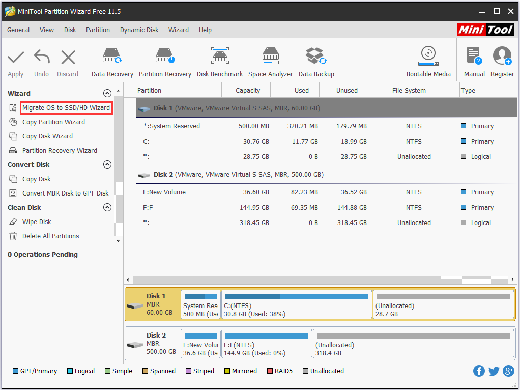 choisissez Migrer le système d'exploitation vers SSD/HD