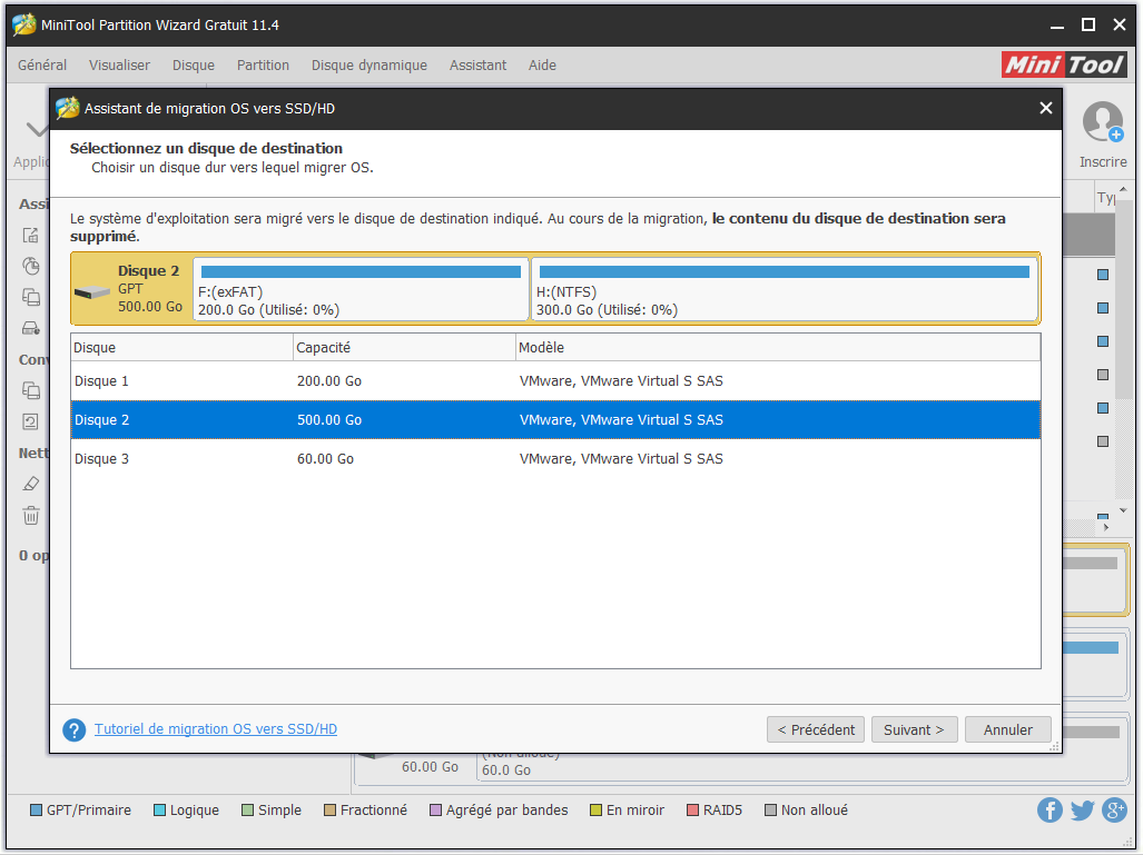 sélectionnez le disque préparé comme disque de destination