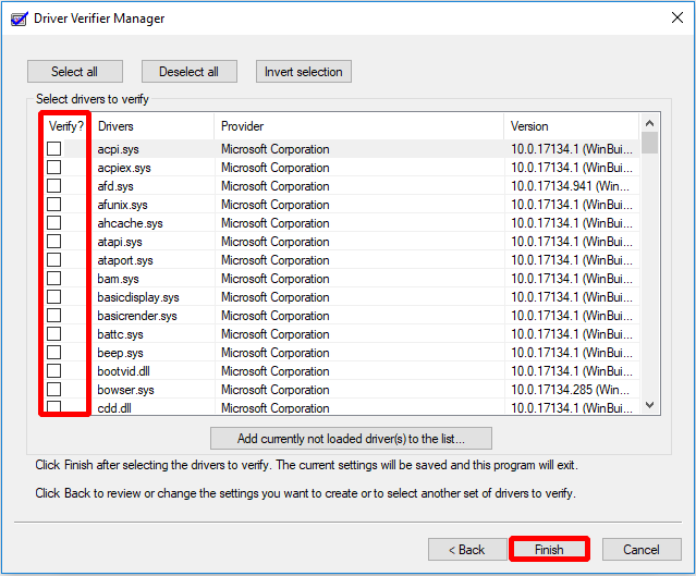 clique em Concluir após selecionar os drivers para verificar