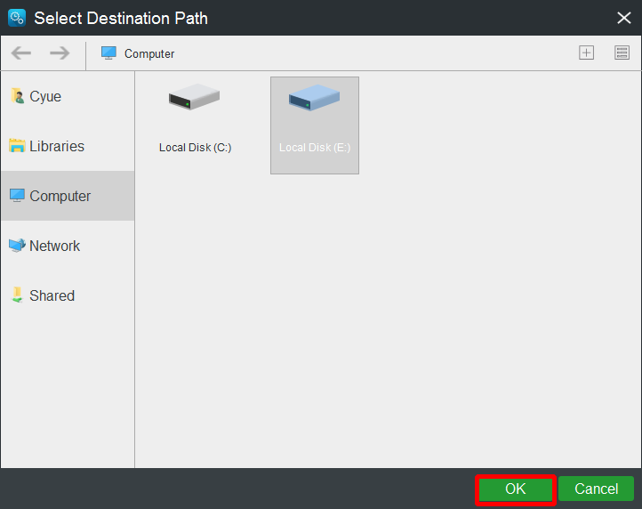 selecione o caminho de destino para salvar o backup